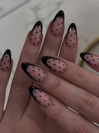 24 Stück französische schwarze Polka Punkt Nagel Aufkleber, kurze mandelförmige Fake Nägel, Maniküre Set beinhaltet 1 Blatt Klebeaufkleber und 1 Mini Nagelfeile, geeignet für den täglichen Gebrauch