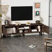Modern TV Stand With Two Doors And Two Open Compartments, Dark Wood Grain - 160.5 X 35.5 X 45 Cm - Mocha Brown - View 9