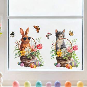 Pegatinas de ventana de conejo y gato de primavera - Calcomanías autoadhesivas de PVC para el hogar, la oficina, la escuela, exhibiciones de fiestas, con diseños divertidos de conejo y gato, flores coloridas y huevos | Decoración de ventana festiva, decoración de Pascua