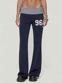 Y2k Flared Leggings Women Fold Over Low Waist Wed Leg Lounge Pants Cute Yoga Foldover Bell Bottoms Sweatpants - 藏蓝色 - 查看 1