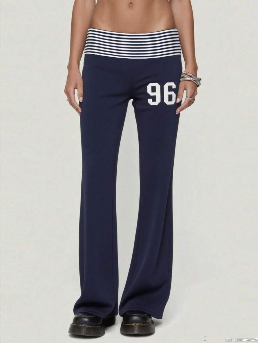 Y2k Flared Leggings Women Fold Over Low Waist Wed Leg Lounge Pants Cute Yoga Foldover Bell Bottoms Sweatpants - 藏蓝色 - 查看 1