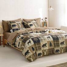 7PCS King Size Rustic Christmas Comforter Set - Cabin Lodge Wildlife Bear Moose Deer Patchwork Bedding - Brown - View 2