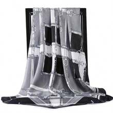 Women's Large Square Satin Scarf 90x90 Chic Polyester Printed - Black / White - View 4