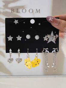 6 Pairs Gothic Dark Studded Drip Oil Five-Pointed Star, Bat, Heart Rose, Guitar, Key, Starfish, Crow, Skull Fashionable Luxury Design Earrings Set - Multicolor-j - View 16