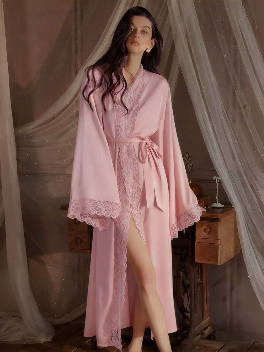 QING ROU Elegant Satin Robe In Lotus Root Color, Soft Lace Trim, Flared Long Sleeves, Silky & Comfortable, With Belt, Suitable For Home Use - 西瓜粉 - 查看 1