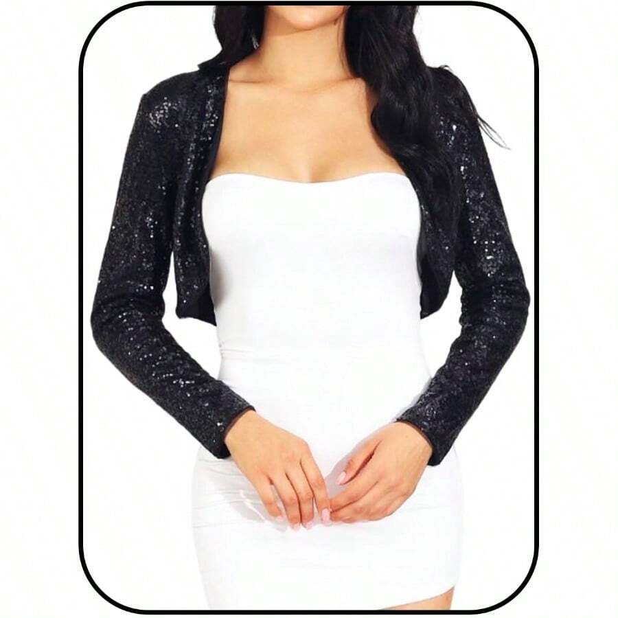 Women's Sequin Jacket Evening Shrugs Long Sleeve Open Front Cropped Bolero For Formal Dresstocking Stuffers, Christmas, Scarf, Winter - 黑色 - 查看 1