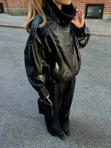 LEILEIBEI 秋冬新款女装简约百搭压纹皮夹克，欧美风 - 黑色F - 查看 7