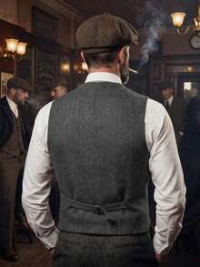 1pcs Men's Vintage Classic Herringbone Pattern Suit Vest V-Neck Casual Wool Blend Waistcoat For Men Business Casual And Formal Wear - Xám - Xem 2