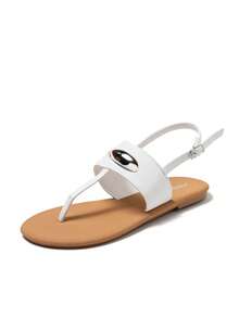 1 paire de sandales plates confortables avec boucle, style décontracté d'été pour adolescents, bout ouvert - Blanc - Voir 4