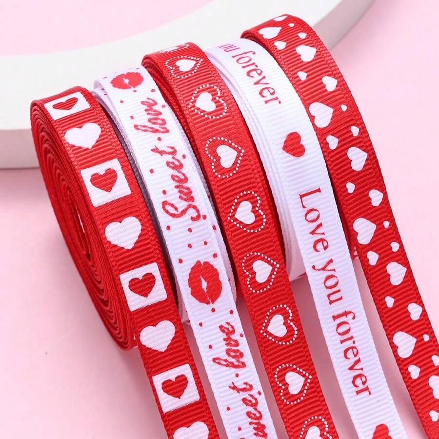 5yards/Roll 9mm Valentine's Day Love Printed Ribbon Wedding Tanabata Gift Wrap Rope Valentine's Day Red Jacquard Ribbon DIY Handmade Ribbon - Multicolor - View 1