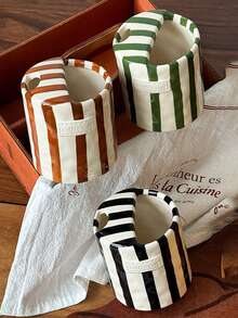 1pc Vertical Striped Ceramic Handled Coffee Mug, Asymmetric Shaped Ceramic Cup, Minimalist European Style, Handmade High Aesthetic Tea Cup, Coffee Mug, Multipurpose, Insulated, Suitable For Home, Restaurant, Cafe, Party And Gift - Multicolor - View 5