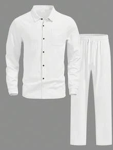 Kolrap Men's Linen Texture Shirt & Pants Set, Long Sleeve Button-Up Top And Drawstring Long Pants 2-Piece Outfit, Summer Beach Vacation Wear - White - View 4