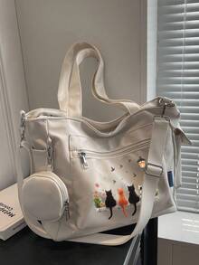 新款经典多功能纯色大容量口袋设计二合一单肩手提包，休闲帆布包，学院风设计，适合校园使用 - 白色 - 查看 2