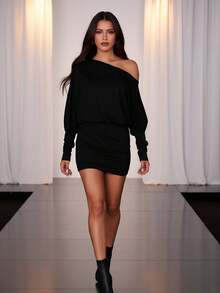 Women Off One Shoulder Dress Slim Solid Color Long Sleeve Mini Dress For Party Club - Black - View 2