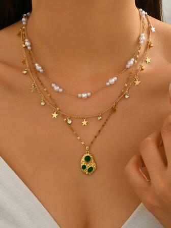 1 Takım Moda Parti Stili Çok Unsurlu Karışık Kadın Katmanlı Kolye, Sahte İnci + Yıldız + Geometrik Kolye Ucu Karışık Kolye Seti, Parti Giyimi İçin Uygun, Kadınlar İçin Tatil Hediyesi