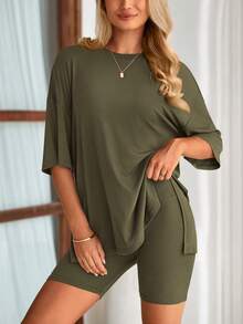 PRETTYGARDEN Women's Summer Clothes 2 Piece Sets Lounge Set Casual Oversized Shirts Biker Shorts Matching Airport Travel Sweatsuit Set Women Vacation Outfit Army Green Summer Brunch Outfits For Women - 軍綠色 - 查看 4