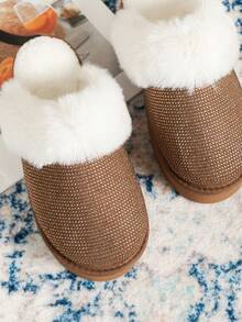 Women's Casual Comfortable Thick Plush Lined High Heel Thick Sole Closed Toe House Slippers, Fashionable Sparkling Rhinestone Decorated Fuzzy Lining Slippers For Autumn/Winter - Brown - View 7