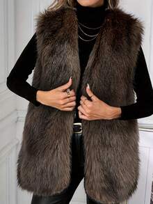 大码女士优雅仿皮草无袖长款背心，纯色常规款开衫背心，秋冬季大码仿皮草外套 - 咖啡棕 - 查看 4