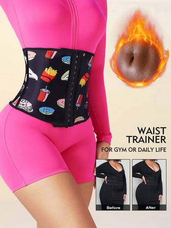 1個 強力シェイプ レディースウエストシェイパー、ドーナツ、フライドポテト、ハンバーガー、飲み物デザイン、前面バスク式 調整可能なウエストトレーナー