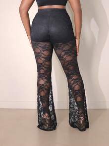 Plus Size Women's Lace Patchwork Sheer Mesh Elastic Pants, Sexy Black Style For Date, Nightclub, Spring/Summer - Black - View 6