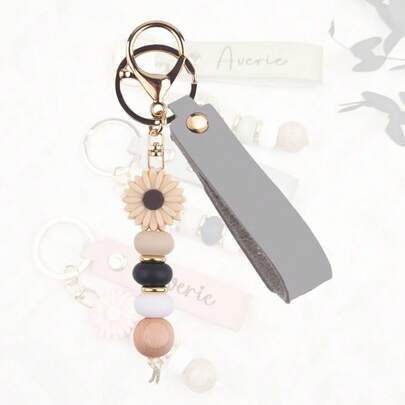 Elegant Daisy Beaded Keychain With Name And Floral Charm - Soft Colors And Gold Beads, Lobster Clasp Closure, Perfect Gift For Women, Teachers, Birthdays, Christmas, Weddings, Valentine's Day, Anniversaries - Durable Beaded Key Ring