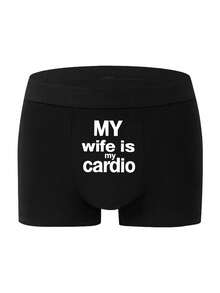 男士黑色简约时尚弹力平角内裤，字母印花图案，适合情人节穿着 - 黑色 - 查看 2