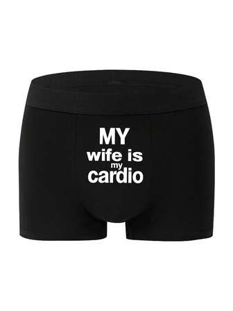 男士黑色简约时尚弹力三角裤，字母印花图案