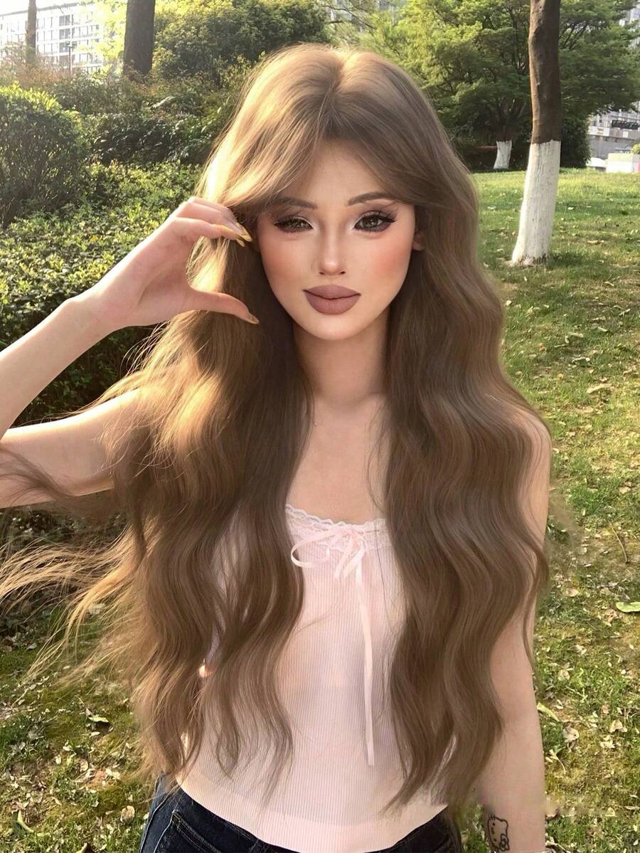 合成耐热假发，棕色长卷发假发，30 英尺长，纤维材质，适合日常佩戴，自然仿假发。 - 棕色 - 查看 1