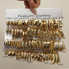 1-40 Pairs Bestselling Fashion Accessories, Gold, Multiple Styles. These Earrings Are Made Of High-Quality Plastic, With Shapes Including C-Shape, Teardrop, Textured, Striped, And Heart. A Set Can Meet All Your Daily Commute Wearing Needs. Mother's Day Fashion Earrings Set For Women - Gold - View 2