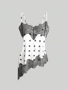 女士波点蕾丝吊带性感上衣，波点编织面料搭配蕾丝拼接不对称/不对称上衣，适合夜间外出、海滩、度假、夏季日常穿着。 - 黑與白 - 查看 4