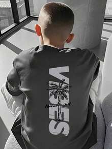 Young Boy Letter & Palm Tree Graphic Print Casual Round Neck Short Sleeve T-Shirt - Dark Grey - View 8