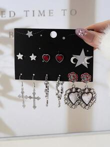 6 Pairs Gothic Star Rhinestone Cross Skull Hollow Thorn Interlocking Circle Star Brooch Set, Fashionable Creative Party Accessories - Multicolor - View 6