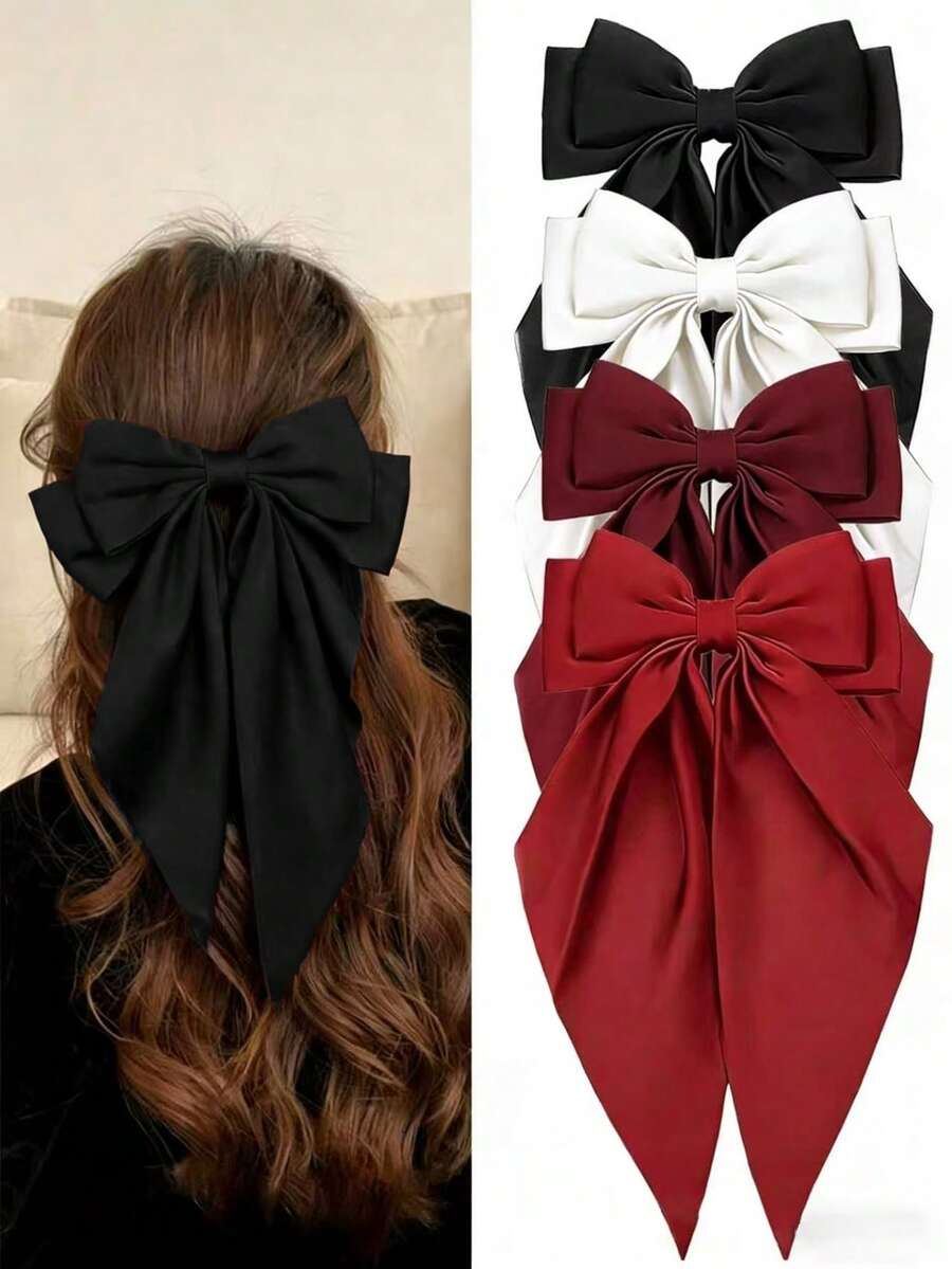 4 件装女士发夹,黑色蝴蝶结、白色蝴蝶结、酒红色蝴蝶结、红色蝴蝶结发夹、缎面蝴蝶结发夹、长尾蝴蝶结发夹,派对发饰,女士圣诞节/情人节/感恩节礼物,爪夹、发夹、发卡 - 彩色 - 查看 1