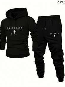 Two-Piece Men's Christian Faith Sweatshirt Set, Men's Fleece Hoodie With Matching Sweatpants, Suitable For Church Events And Casual Wear, Long-Sleeved Pullover, Autumn And Spring Season Hoodie With Drawstring And Kangaroo Pocket, Jesus-Themed Print, Men's Christian Clothing - 黑色+黑色 - 查看 1