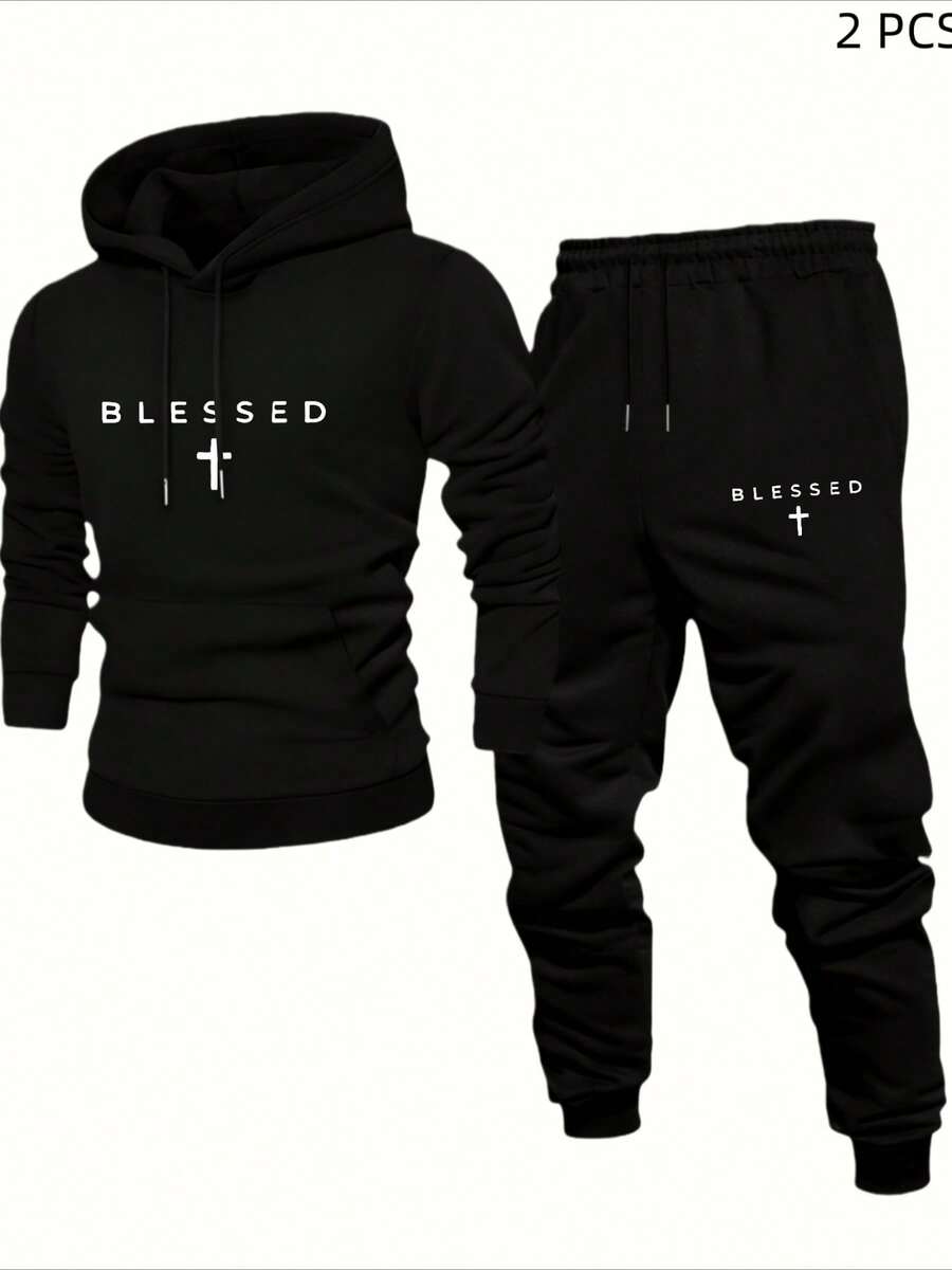 Two-Piece Men's Christian Faith Sweatshirt Set, Men's Fleece Hoodie With Matching Sweatpants, Suitable For Church Events And Casual Wear, Long-Sleeved Pullover, Autumn And Spring Season Hoodie With Drawstring And Kangaroo Pocket, Jesus-Themed Print, Men's Christian Clothing - 黑色+黑色 - 查看 1