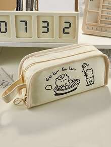 1 pieza Estuche de lápices de lona con diseño de oso lindo, caja de lápices con cremallera, bolsa de almacenamiento de gran capacidad, organizador de papelería, útiles escolares