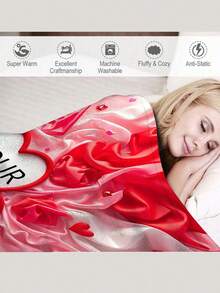 1pc Personalized Rose Flower Heart Shaped Customized Flannel Blanket - Customized Name, Soft & Warm, Suitable For Sofa, Bed, Travel, Camping - Lightweight, Machine Washable - Multicolor - View 4