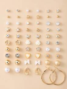 60 piezas Conjunto de aretes de moda con diseños de mariposa, corazón, rhinestone, luna, lazo, flor. Joyería de regalo adecuada para uso diario de mujeres - Amarillo Oro - Ver 8