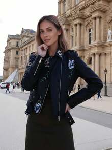 Women's Spring/Autumn Faux Leather Embroidered Commuter Jacket With Belt, Minimalist Versatile Motorcycle PU Jacket - Black - View 3