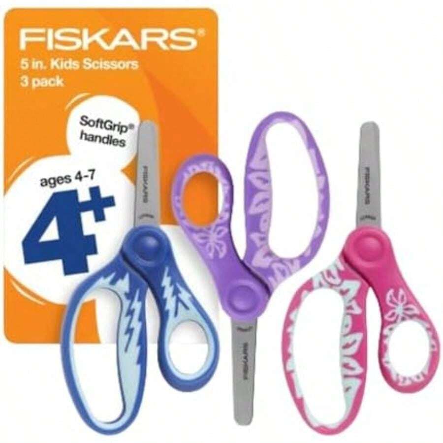 - Tijeras de punta roma SoftGrip de 5 pulgadas para niños de 4 a 7 años (paquete de 3), tijeras para la escuela o manualidades, suministros para el regreso a la escuela, diseños azules,(Azul, morado y rosa) - Multicolor - Ver 1
