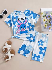 2pcs/Set Girls Casual Cartoon Flower & Letter Print Decorated Short Sleeve Top And Bermuda Shorts, Summer - Blue - View 1