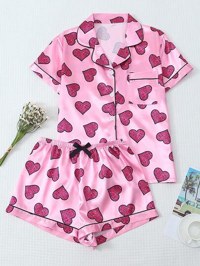 情人节女士睡衣套装（两件套），缎面短袖上衣带口袋、领子和蝴蝶结，短裤，豹纹和爱心印花