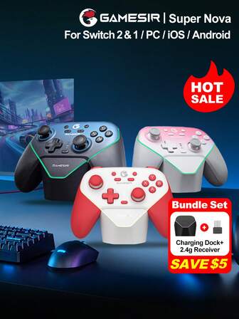  GameSir Super Nova PC Gamepad kompatibel mit 2 Controller kabellos Switch OLED Lite Steam Windows 10 11 iOS Android Handy mit Hall-Effekt-Sticks, zweistufige Hall-Effekt-Analogauslöser, 1000Hz Abtastrate, unterstützt magnetisch abnehmbare Frontplatte, anpassbare RGB-Lichtleisten, zwei Rücktasten, mit intelligenter Auto-Start-Stopp-RGB-Ladestation, volle Anpassung, Nachtblau, Whipped Pink und Rot&Weiß