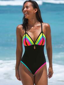 popvil 女士彩虹色拼接镂空交叉绑带连体泳衣，夏季海滩度假装 - 黑色 - 查看 6