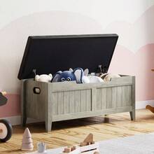 Banco de almacenamiento de 39,4 pulgadas con cojín y 2 bisagras de, caja de almacenamiento de pecho de madera, bancos de zapatos de entrada con Flip-Top, maletero grande para sala de estar, dormitorio, fácil montaje - Gris - Ver 8