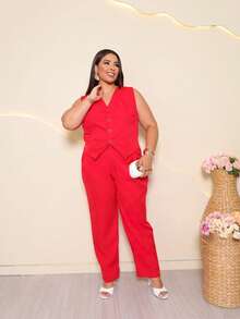 Women's Plus Size Tailored Pants And Vest Set - Elegant - Merah - View 3