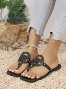 Sandali piatti lucidi bianchi casual e alla moda, versatili, da donna. Sandali piatti lucidi neri da donna. Sandali piatti lucidi blu da donna. Sandali piatti marroni da donna. Con strass e perline. Adatti per casa, comodi, per lo shopping, per uscire, taglie comode, per la spiaggia, per l'estate, slip-on, con motivo rotondo traforato, punta tonda, infradito piatti. - nero - Visualizzare 3