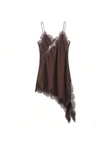 Seelio Summer New Arrival Women's Fashion Sexy Asymmetric Lace Dress, European And American Style - Coffee Brown - View 11