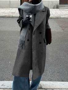 Plus Size Women's Elegant Solid Color Long Sleeve Pocket Woolen Trench Coat, Double-Breasted Wool Overcoat, Christmas Women's Clothing, Elegant Women's Blouses