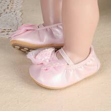 1 Pair Girls' PU Glitter Bow Mary Jane Flat Shoes, Sweet Princess Style, Suitable For 100 Days Celebration, Spring/Autumn - Pink - View 6